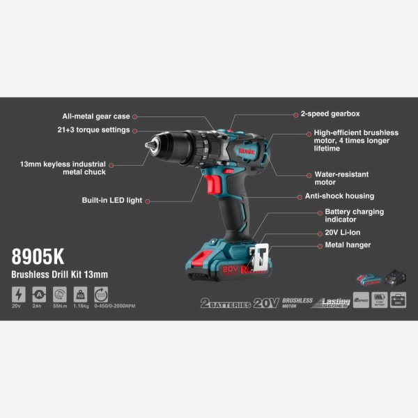 کیت دریل شارژی 20 ولت براشلس صنعتی رونیکس مدل 8905K (12 ماه گارانتی) - Image 15