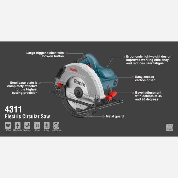 اره گردبر 180 میلی متر 1500 وات رونیکس مدل 4311 (12 ماه گارانتی) - Image 12