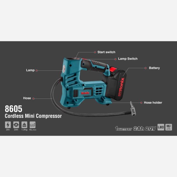 مینی کمپرسور باد شارژی 20 ولت رونیکس مدل 8605 (12 ماه گارانتی) - Image 9