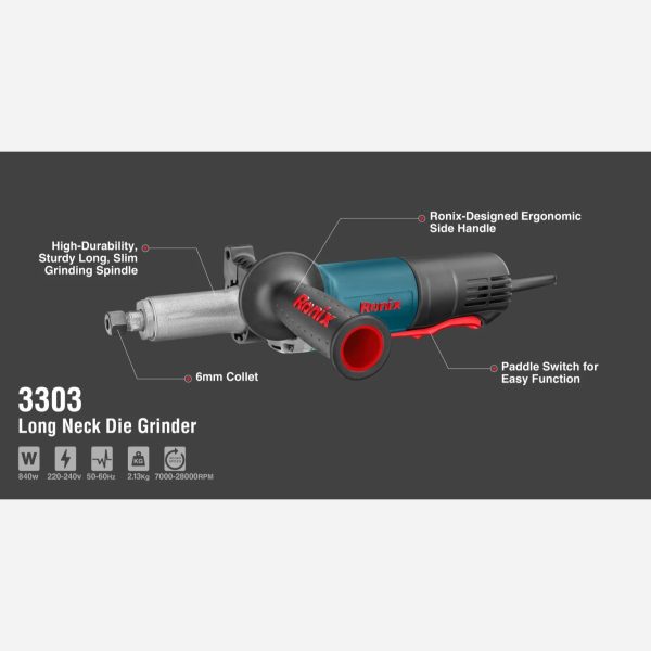 سنگ فرز انگشتی صنعتی گلو بلند 840 وات رونیکس مدل 3303 (12 ماه گارانتی) - Image 6