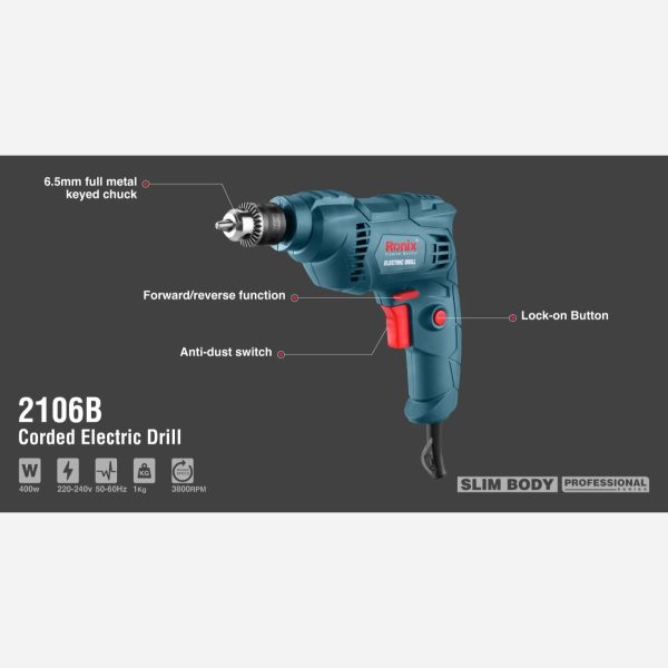 دریل برقی 400 وات 6.5 میلیمتری آچاری رونیکس مدل 2106B (12 ماه گارانتی) - Image 6