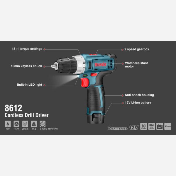 دریل پیچ گوشتی شارژی 12 ولت رونیکس مدل 8612 (12 ماه گارانتی) - Image 11