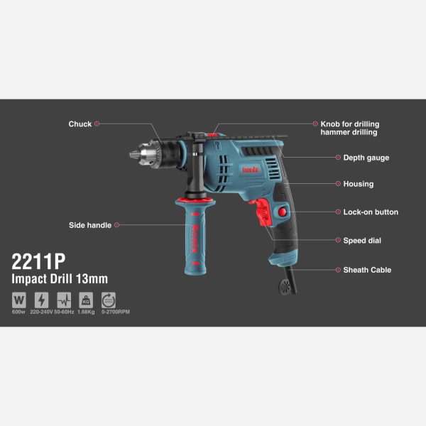 دریل چکشی 13 میلیمتری 600 وات رونیکس مدل 2211P (12 ماه گارانتی) - Image 11