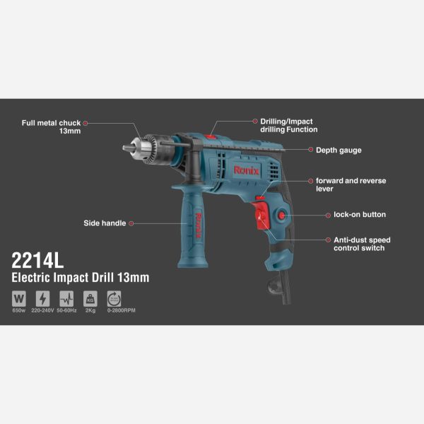 دریل چکشی 13 میلی متری 650 وات رونیکس مدل 2214L (12 ماه گارانتی) - Image 6