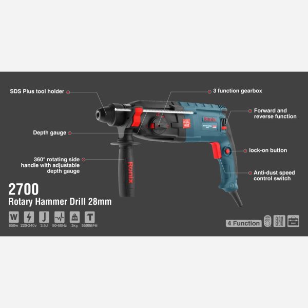 دریل بتن کن 28 میلی متری 850 وات 3 کیلویی رونیکس مدل 2700 (12 ماه گارانتی) - Image 11