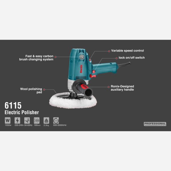 دستگاه پولیش برقی 1050 وات دیمردار تفنگی رونیکس مدل 6115 (12 ماه گارانتی) - Image 4