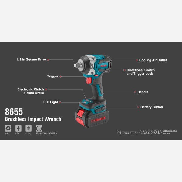 بکس شارژی 20 ولت براشلس 550 نیوتن متر رونیکس مدل 8655 (12 ماه گارانتی) - Image 11