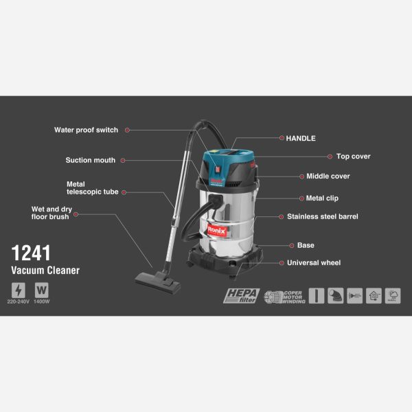 جارو برقی 40 لیتری 1400 وات رونیکس مدل 1241 (12 ماه گارانتی) - Image 11