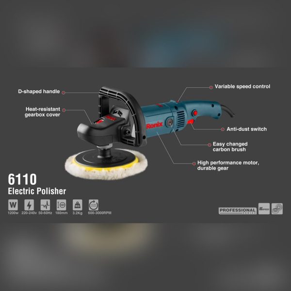 پولیش برقی دیمردار 180 میلی متر 1200 وات رونیکس مدل 6110 (12 ماه گارانتی) - Image 2