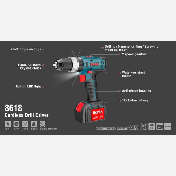 دریل چکشی شارژی 18 ولت رونیکس مدل 8618 (12 ماه گارانتی) - Image 11