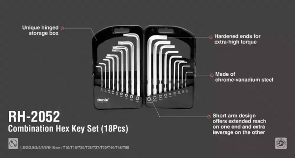 ست آچار آلن بلند ۱۸ پارچه ترکیبی رونیکس مدل RH-2052 - Image 6