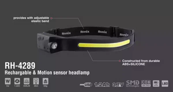 چراغ پیشانی دو کاره 350 لومن شارژی با حسگر حرکتی رونیکس مدل RH-4289 - Image 7