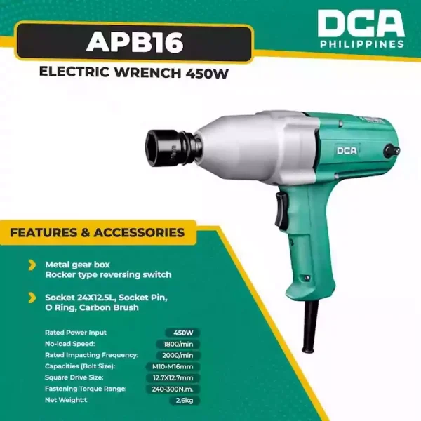 آچار بکس ضربه‌ای برقی 1/2 اینچ 450 وات دی سی ای DCA مدل APB16 (12 ماه گارانتی) - Image 4